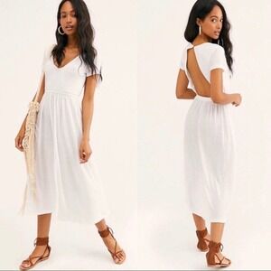 Beach Break White Midi Dress V‎ Neck Short Sleeve Open Back